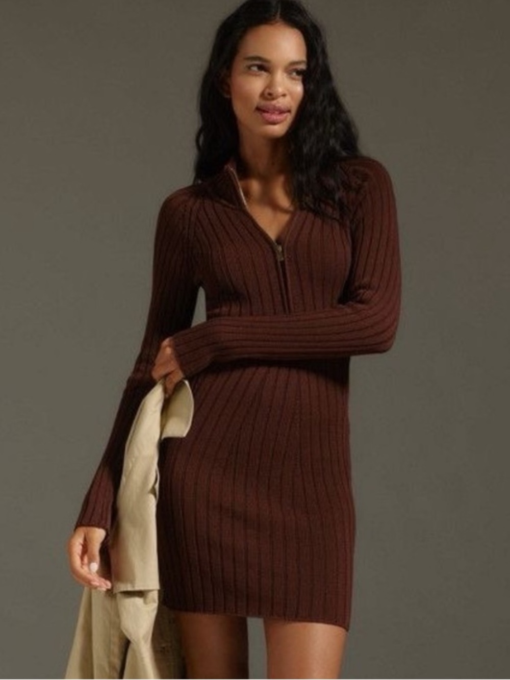 Pilcro Anthropologie Ribbed Zip-Front Mini Dress in Chocolate Brown size small
